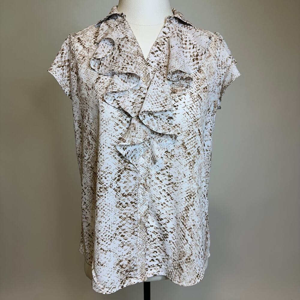 Calvin Klein Snake Print Ruffle Short Sleeve Button Up Blouse Womens Size Small